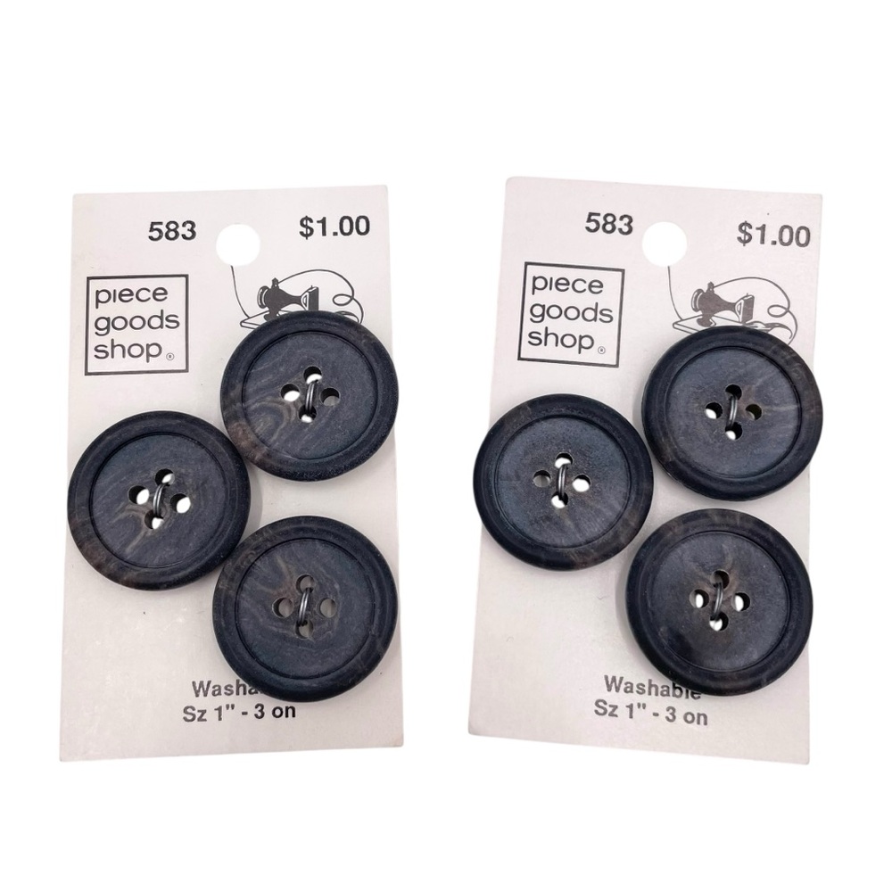 Vintage Piece Goods Shop Buttons Round Flat Black Marbled 1" Four Holes Washable